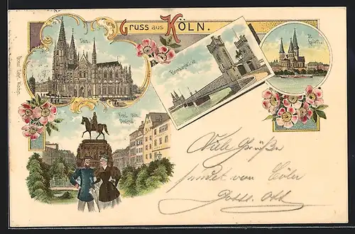 Lithographie Köln, Dom, Friedrich Wilhelm-Denkmal, Eisenbahnbrücke