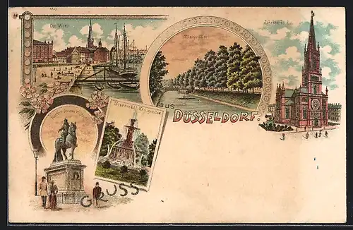 Lithographie Düsseldorf, Johanneskirche, Königs-Allee, Werft