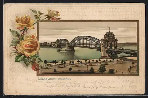 Lithographie Düsseldorf, Rheinbrücke, Gelbe Rosen