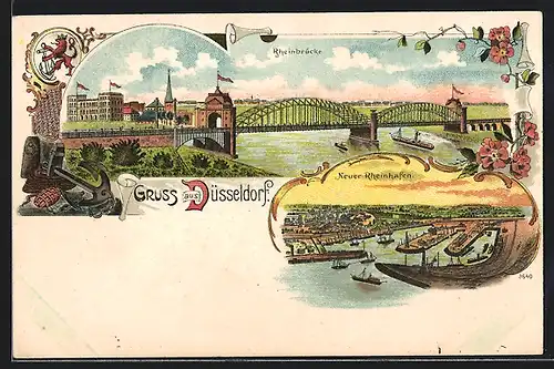 Lithographie Düsseldorf, Rheinbrücke und neuer Rheinhafen, Dampfer