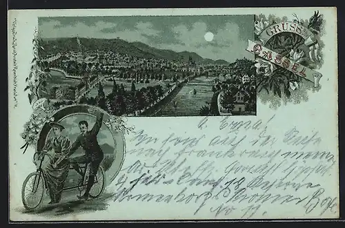 Mondschein-Lithographie Cassel, Panoramablick auf die Stadt, Paar auf einem Tandem