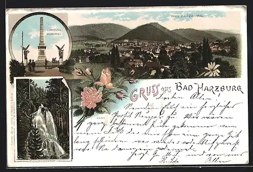 Lithographie Bad Harzburg, Canossa Denkmal, Radauwasserfall, Blick auf die Stadt am Fusse des Harzes