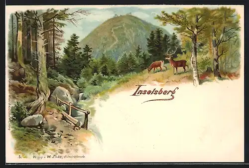 Lithographie Inselsberg, Waldpartie mit Hirschen und Blick auf den Berg