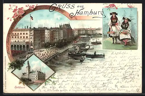 Lithographie Hamburg-Neustadt, Rathaus, Alter Jungfernstieg & Frauen in Tracht