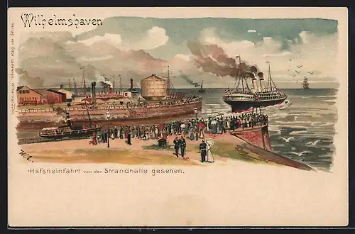 Lithographie Wilhelmshaven, Hafeneinfahrt von der Strandhalle gesehen