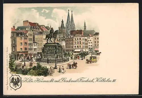 Lithographie Köln, Heumarkt mit Denkmal Friedrich Wilhelm III.