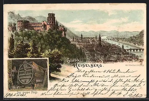 Lithographie Heidelberg, Panorama, Das grosse Fass