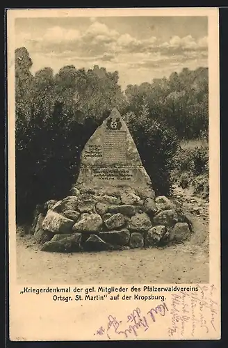 AK St. Martin, Kriegerdenkmal der gef. Mitglieder des Pfälzerwaldvereins auf der Kropsburg