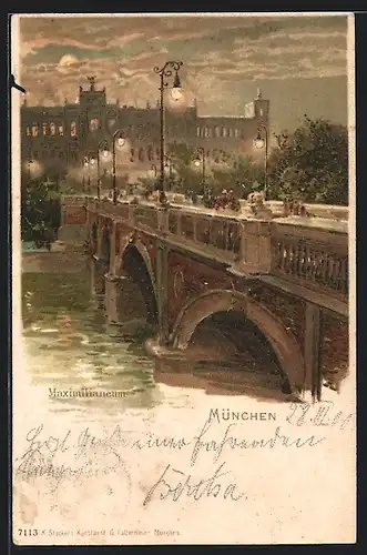 Lithographie München, Maximilianeum mit Brücke