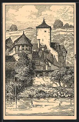 Künstler-AK Schw. Hall, Partie am Ufer