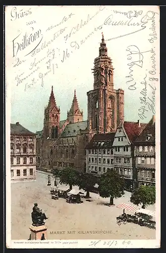 AK Heilbronn, Markt mit Kilianskirche und Denkmal