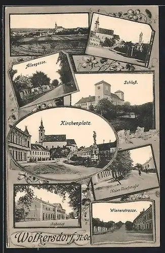 AK Wolkersdorf, Bahnhof, Kirchenplatz, Schloss, Alleegasse, Wienerstrasse