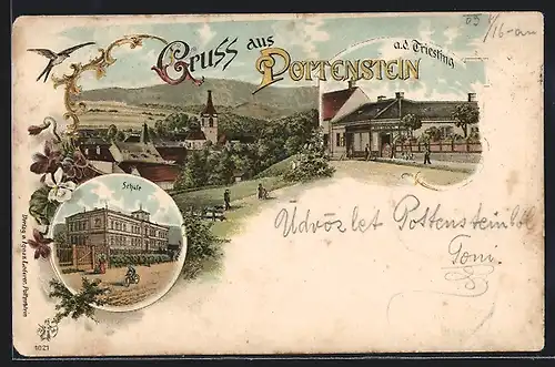 Lithographie Pottenstein a. d. Triestina, Geschäft v. Ignaz Lederer, Schule, Ortsansicht