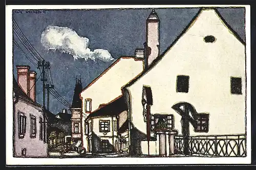 Künstler-AK Neunkirchen, Blick in die Triesterstrasse mit Jesuskreuz