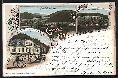 Lithographie Wolfsgraben i. Wienerwald, Gasthaus von J. Mittersteger, Ortsansicht