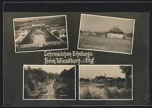 AK Wieselburg a. d. Erlauf, Panorama, Lehrmädchenerholungsheim & Erlaufufer-Felsen