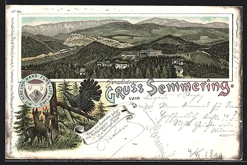 Lithographie Semmering, Bergpanorama mit Berghotel, Auerhahn und Rehe