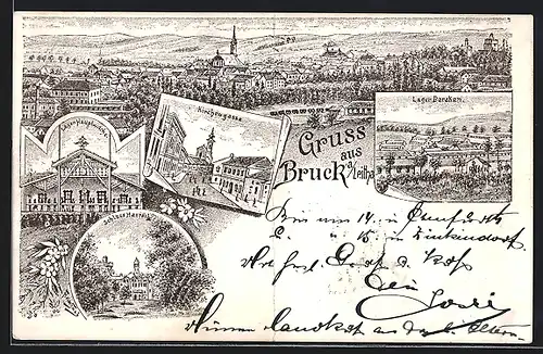 Vorläufer-Lithographie Bruck a. Leitha, 1895, Lager-Hauptwache, Lager-Baracken, Schloss Harrach, Kirchengasse