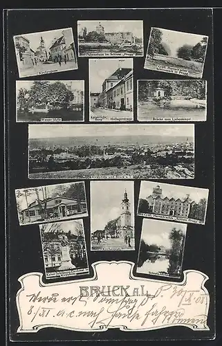 AK Bruck a. d. L., Kirchengasse, Palmenhaus im Schloss Prugg, Milchhalle, Brücke zum Liebestempel