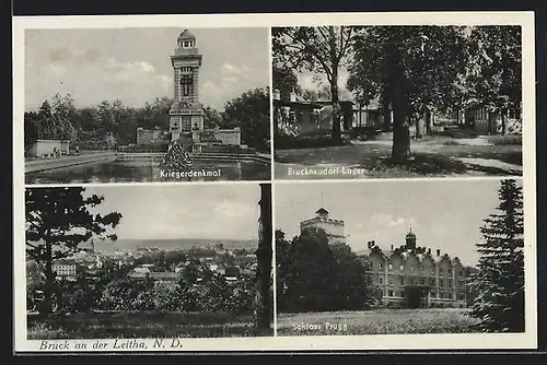 AK Bruck a.d. Leitha, Ortsansicht, Schloss Prugg, Bruckneudorf-Lager, Bruckneudorf Kriegerdenkmal