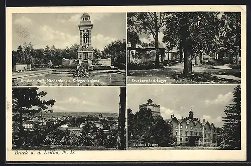 AK Bruck a.d. Leitha, Ortsansicht, Schloss Prugg, Bruckneudorf-Lager, Bruckneudorf Kriegerdenkmal