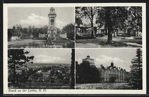 AK Bruck a.d. Leitha, Ortsansicht, Schloss Prugg, Bruckneudorf-Lager, Bruckneudorf Kriegerdenkmal