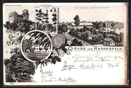Lithographie Hadersfeld, Ruine Greifenstein, Obelisk und Grosse Eiche mit Kegelbahn