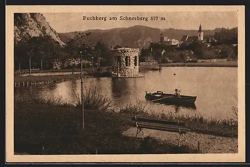 AK Puchberg am Schneeberg, Wasserpartie mit Ruderer und Blick zur Kirche