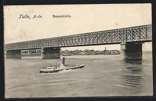 AK Tulln, Donaubrücke mit Dampfer