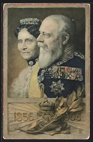 Künstler-AK Grossherzog Friedrich und Grossherzogin Luise von Baden, strahlende Krone mit Jahreszahlen 1856 und 1906