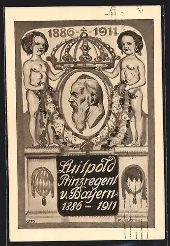 AK Prinzregent Luitpold von Bayern 1886-1911, nackte Kinder mit Girlanden