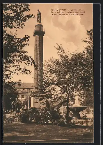 AK Darmstadt, Louisenplatz, Blick auf das Ludwigsmonument u. die beiden Olbrich-Brunnen