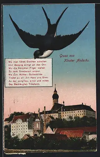 AK Andechs, Blick auf das Kloster Andechs, Schwalbe