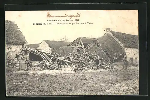 AK Hermé, L`Inondation de Janvier 1910, Ferme dévastée par les eaux á Toury