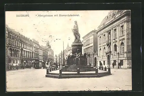 AK Duisburg, Königstrasse mit Bismarckdenkmal