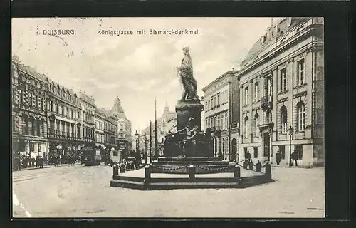 AK Duisburg, Königstrasse mit Bismarckdenkmal