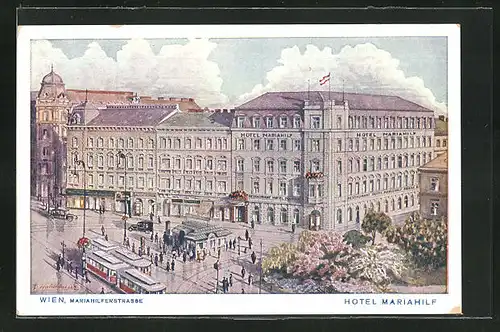 AK Wien, Hotel Mariahilf mit Strassenbahn in der Mariahilfstrasse