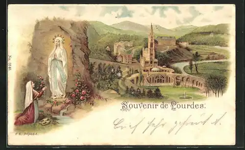 Lithographie Lourdes, Blick auf den Wallfahrtsort und Maria in der Grotte