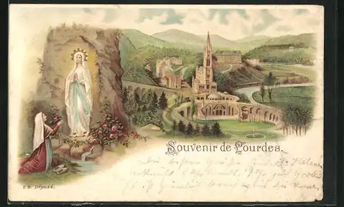 Lithographie Lourdes, Blick auf den Wallfahrtsort und Maria in der Grotte