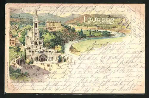 Lithographie Lourdes, Ortsansicht mit Basilika