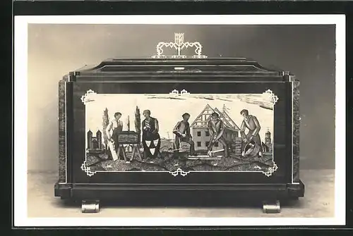 AK Handwerker beim Hausbau auf dem Bild eines Behältnis, Art Deco