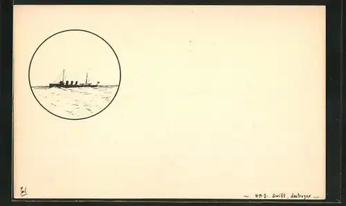 Künstler-AK Handgemalt: H.M.S. Swift, destroyer, Kriegsschiff