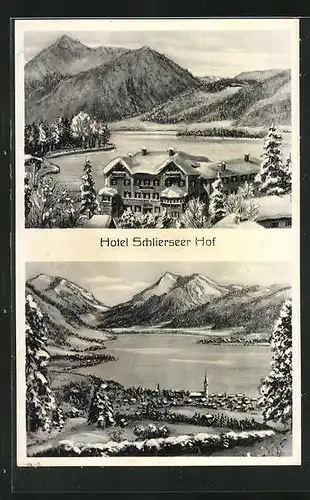 AK Schliersee, Hotel Schlierseer Hof und Ortspanorama im Winter