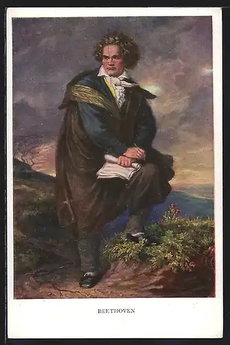 AK Beethoven in nachdenklicher Haltung mit Stift und Notenpapier in der Hand