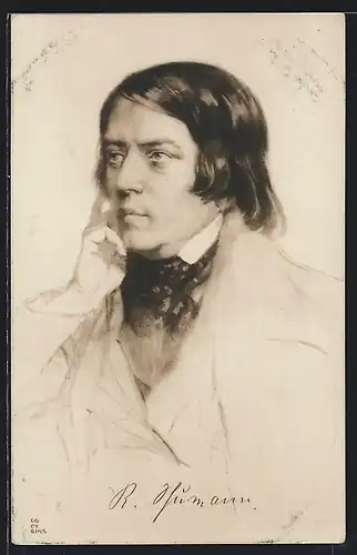 AK Robert Schumann, Portrait in Denkerhaltung