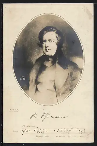 AK Portrait des Komponisten R. Schumann, Noten- und Textzeile