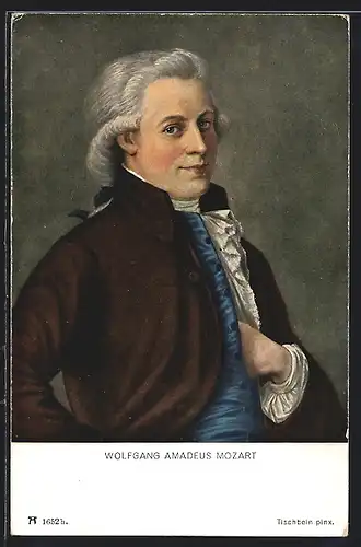AK Wolfgang Amadeus Mozart gekleidet in brauner Jacke und blauer Weste