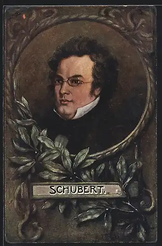 Passepartout-AK Franz Schubert mit Brille mit Blättern am Rahmen