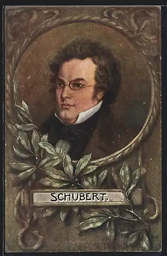 Passepartout-AK Franz Schubert mit Brille mit Blättern am Rahmen