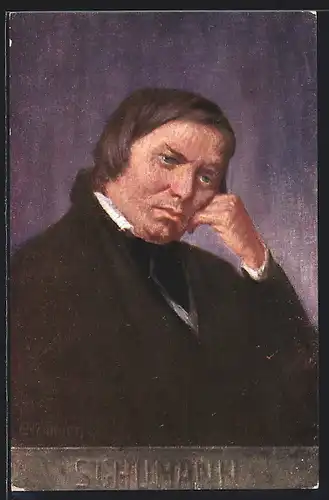 Künstler-AK Robert Schumann, der Komponist stützt den Kopf nachdenklich auf die Hand